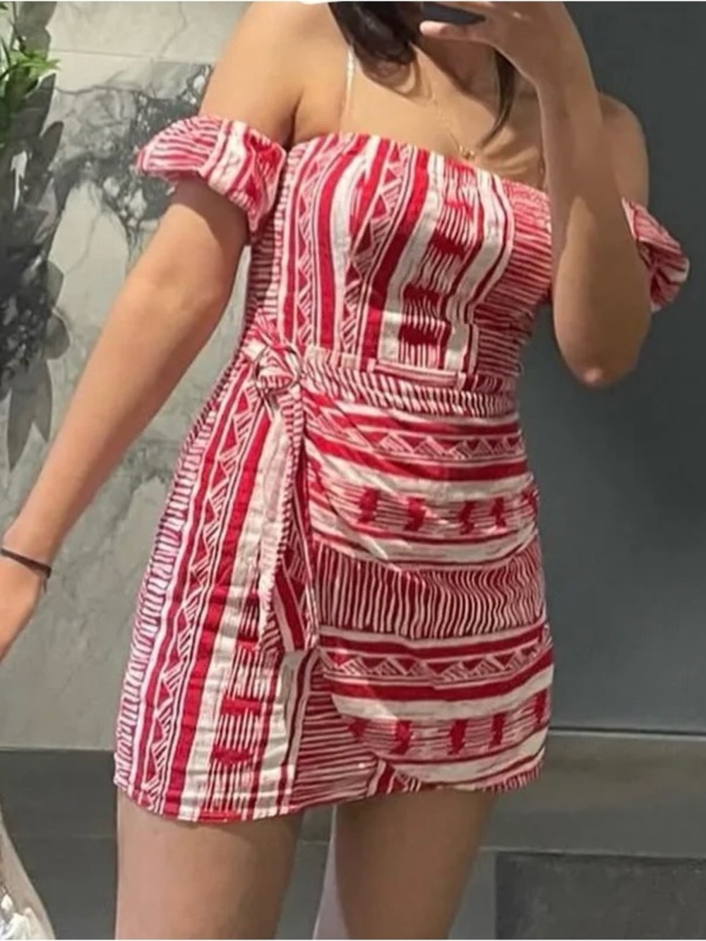 Forever 21 Red & White Striped Off-Shoulder Wrap Mini Dress